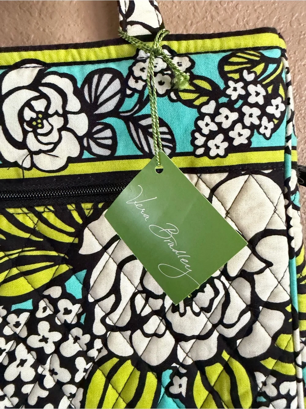 Vera Bradley Island Blooms Laptop Travel Quilted Tote with Lime Accents NWT